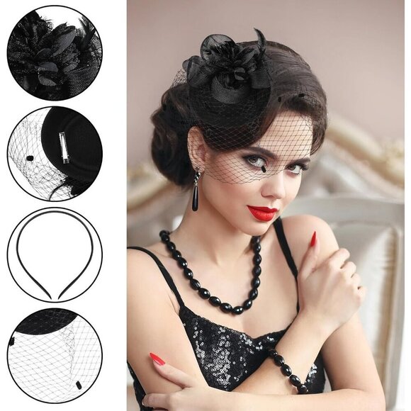 8 Pcs Women Fascinators Mesh Veil Feather Pillbox Hats for Tea Party Halloween